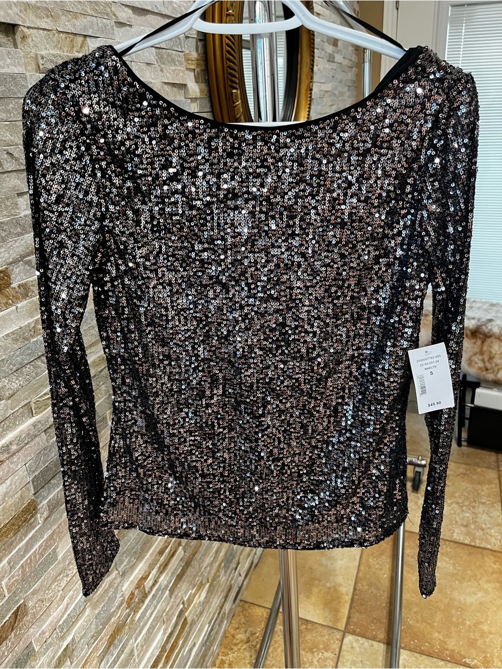 Black/Silver Sequin Boatneck Back Scoop Top NWT S